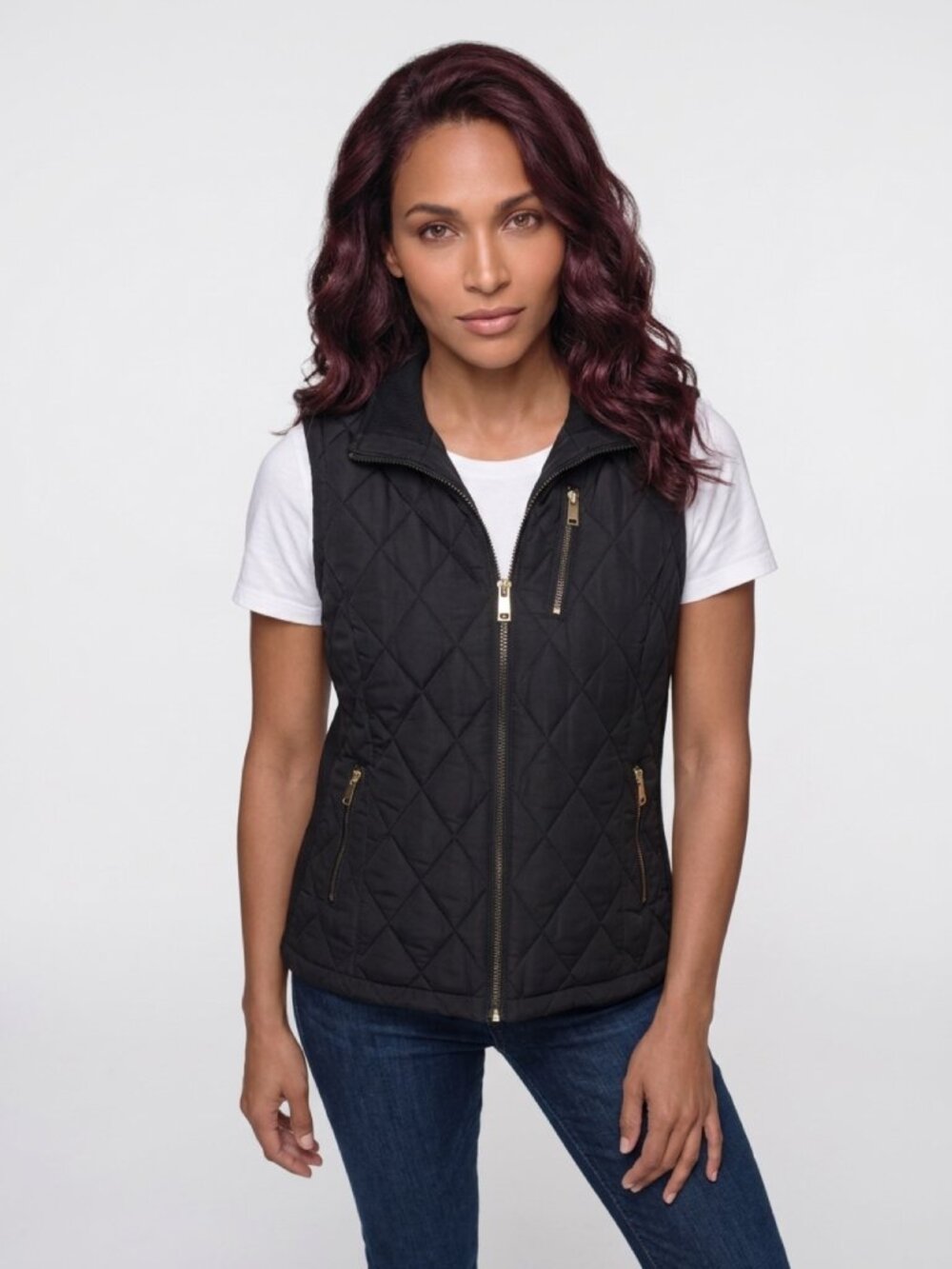 Calvin Klein Womens Quilted Black Vest With Gold Zipper Accents Size XL Sleevele